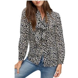 J. Crew Silk Leopard Cheetah Print Tie Neck Blouse Black Tan Top Size Small